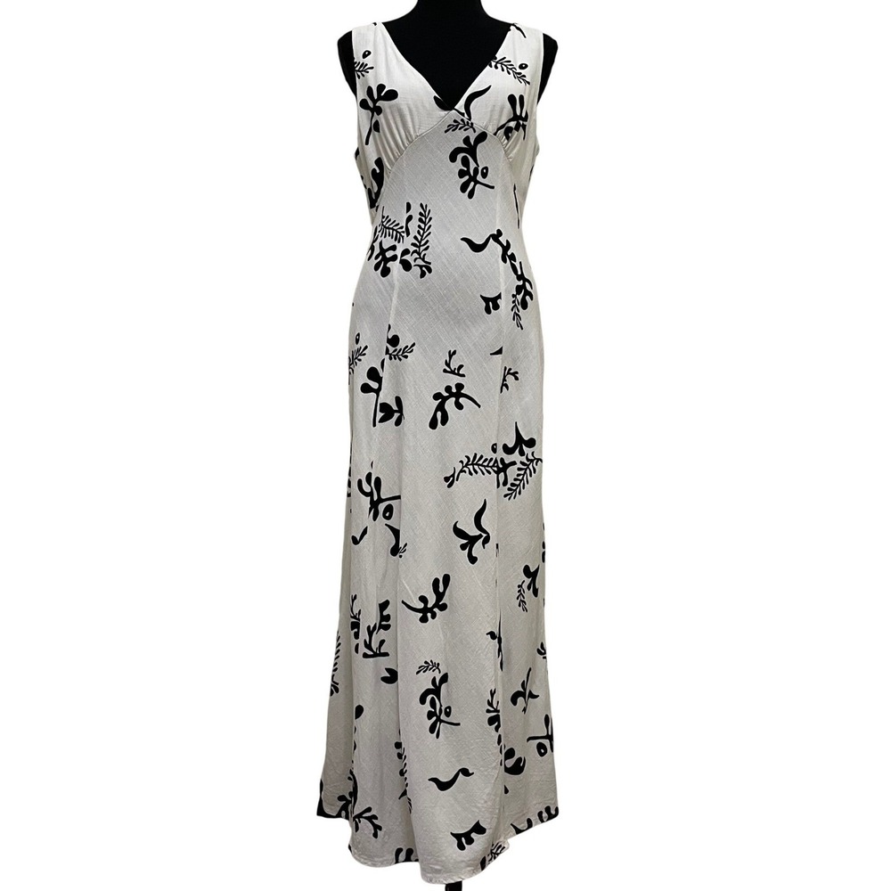 Paper Heart Anthropologie Linen Blend Maxi Dress M White Black Botanical Coastal